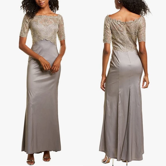 Tadashi Shoji Elbow SLV Gown W/Corded Lace Bodice & Taffeta Skirt Size 12P NEW - Picture 1 of 7